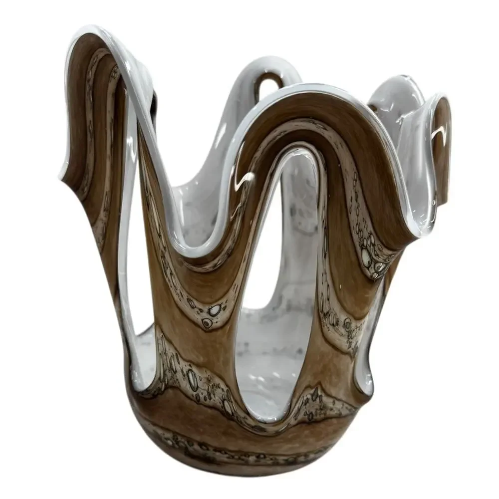 Vintage Zorza Poland Hand Blown Art Glass Handkerchief Vase Brown White Ruffle